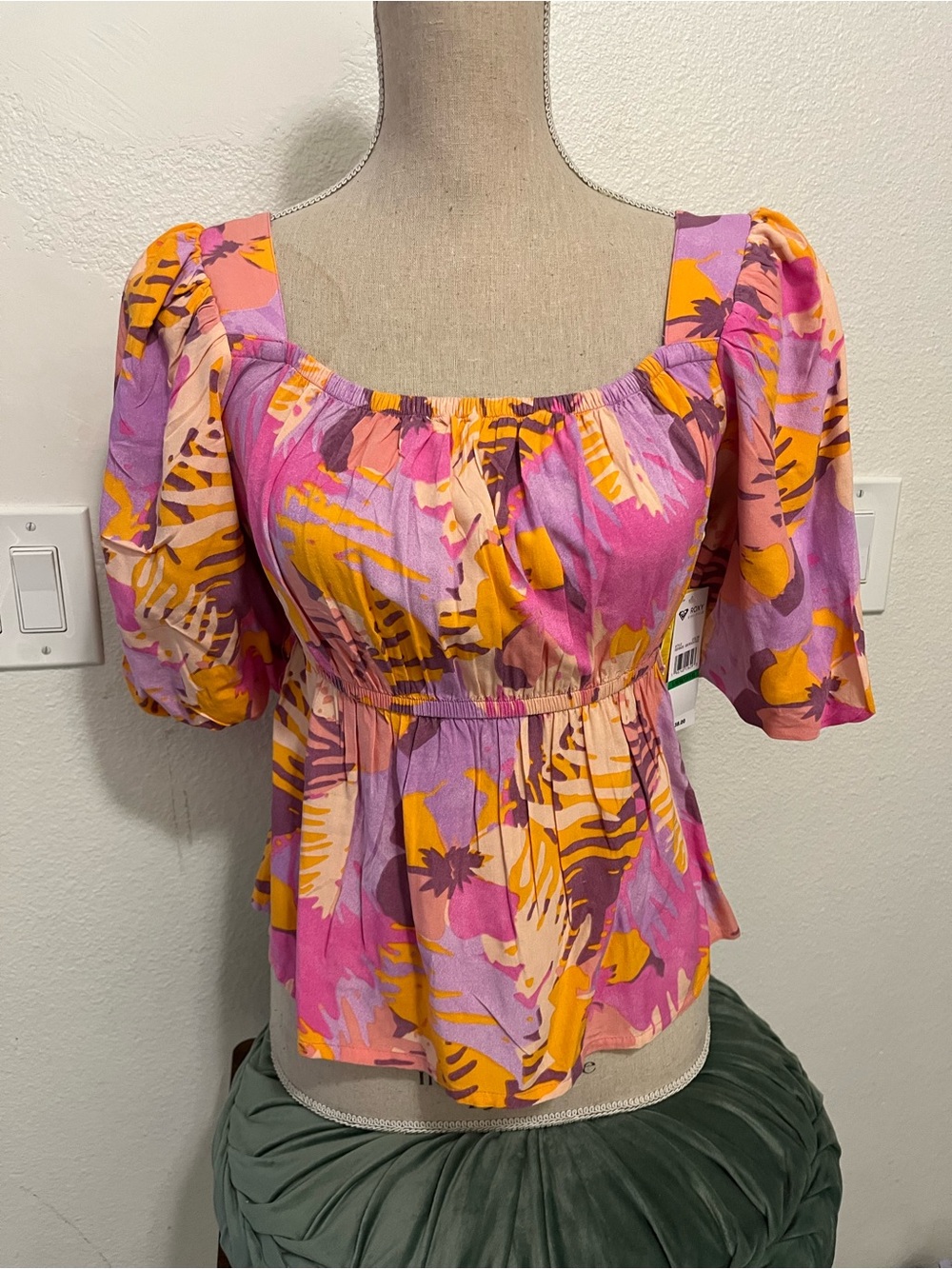 Roxy Square-Neck Peplum Blouse in Pink, Yellow & Purple